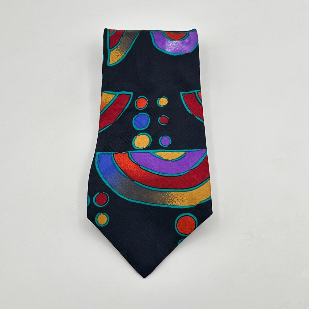Vintage‎ Studio Bugatti Tie Black Purple Silk Abstract Geometric Colorful 90s